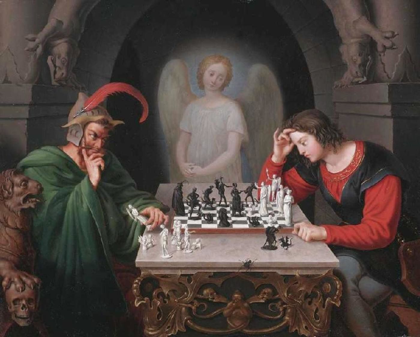 Faust and Mephistopheles playing chess across a dimly lit board